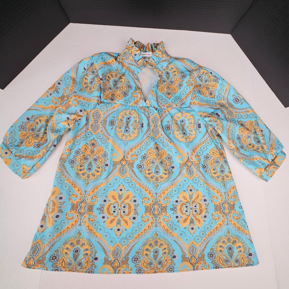 Cherry Betty Blue Paisley Damask Ruffle Neck Keyhole Blouse 3/4 Sleeve Medium
